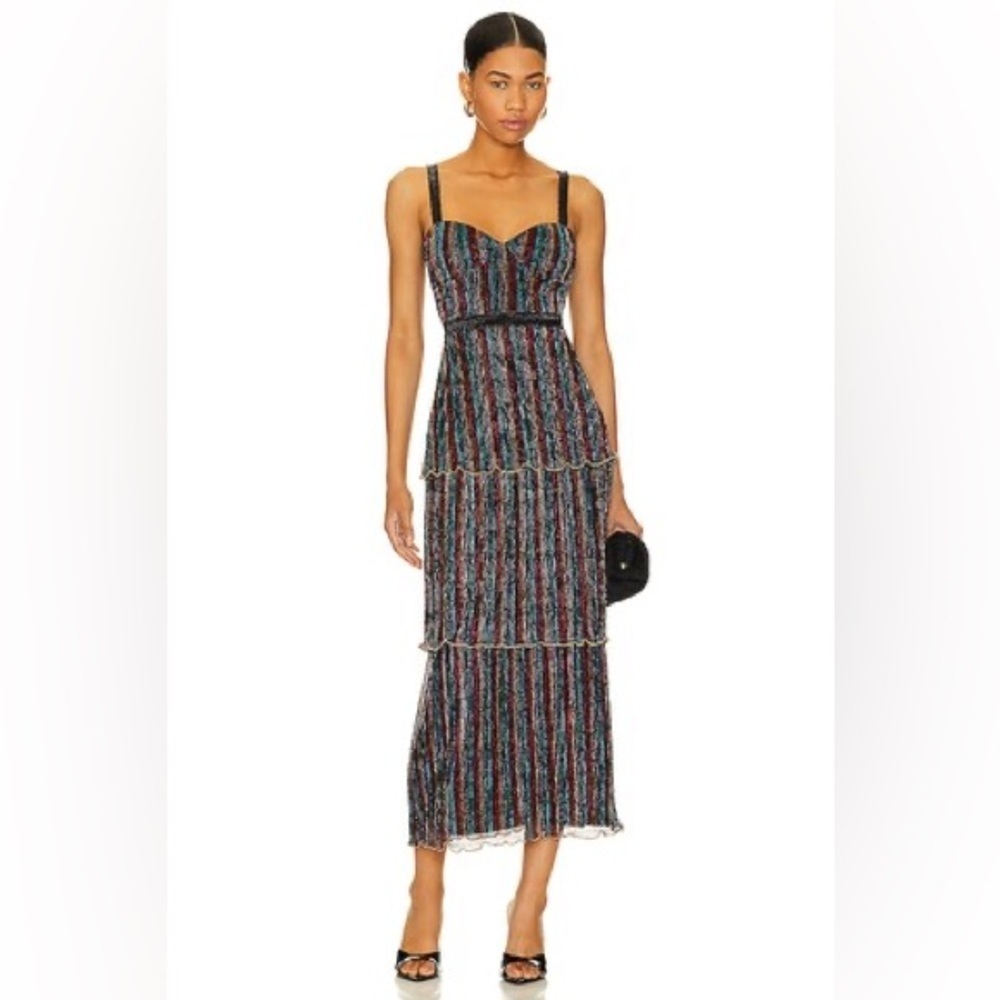 SAYLOR Aviva Metallic Stripe Tiered Midi Dress